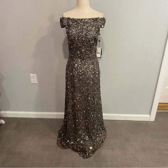 Adrianna Papell Dresses & Skirts - Adrianna Papell Silver Lead Off Shoulder Evening Dress Size 2  New with‎ Tags